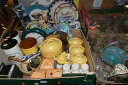 FOUR BOXES OF CERAMICS, GLASSWARE AND KITCHEN SUNDRIES, ETC, including fruit bowls, storage jars,