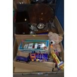TWO BOXES OF MISCELLANEOUS SUNDRIES, to include a Joseph Sankey & Son copper piecrust serving
