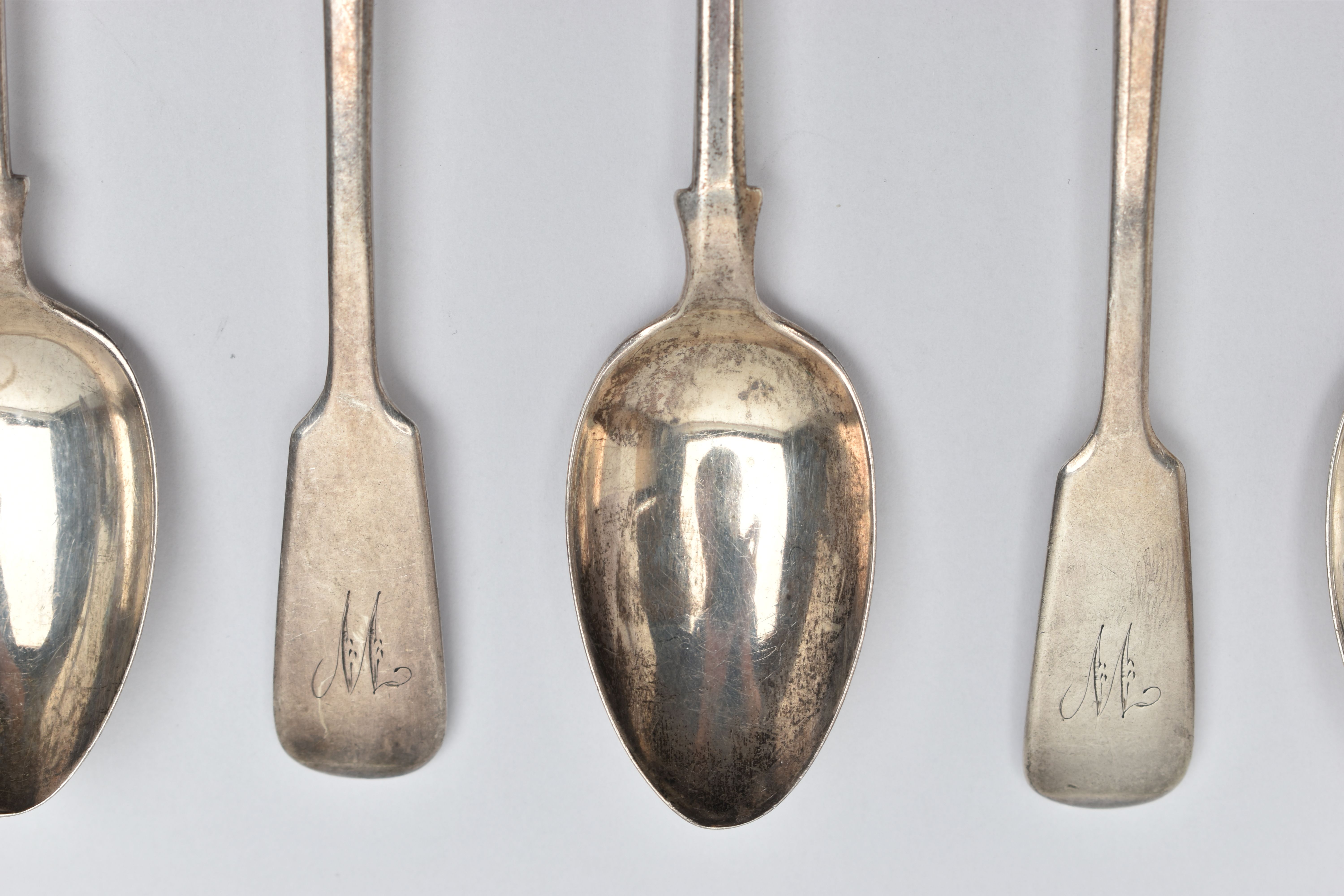 SIX SILVER TEASPOONS AND A PAIR OF SUGAR TONGS, to include six fiddle pattern teaspoons, engraved - Image 2 of 4