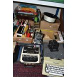 FOUR BOXES OF TOYS, GAMES AND TYPEWRITERS, ETC, to include three boxed Fisherman's Friend diecast