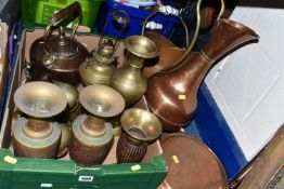 A BOX OF METALWARE, to include a copper kettle, bed warmer, coal scuttle and large ornamental jug,