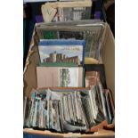 A BOX OF POSTCARDS AND EPHEMERA, to include a collection of Ansell's beer mats 'Down Memory Lane', a