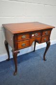 A REPRODUCTION GEORGIAN STYLE STAINED MAHOGANY LOWBOY, with five drawers, on Queen Anne legs, length