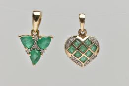 TWO 9CT GOLD, EMERALD AND DIAMOND PENDANTS, the first a heart shape pendant set with eight square