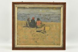 ATTRIBUTED TO P.L. WALKER (20TH CENTURY) 'BRIGHTON BEACH', three figures are sitting on the beach,