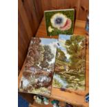 THREE MINTONS TILES, comprising two large tiles printed and tinted with rural scenes, measuring