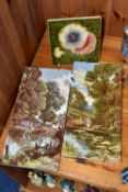 THREE MINTONS TILES, comprising two large tiles printed and tinted with rural scenes, measuring