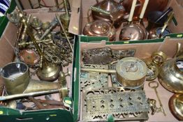 THREE BOXES OF METALWARES, including a brass cribbage board, assorted trivets, a T. Bestall's Patent