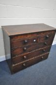 A GEORGIAN MAHOGANY AND CROSSBANDED CHEST OF TWO OVER THREE DRAWERS, with later turned handles,
