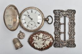 FIVE ITEMS OF MAINLY LATE 19TH TO EARLY 20TH CENTURY ITEMS, to include a 1930's silver full hunter