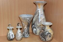 FIVE PIECES OF GOZO GLASS, comprising three vases, tallest 24.5cm, and two scent bottles, all having