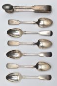 SIX SILVER TEASPOONS AND A PAIR OF SUGAR TONGS, to include six fiddle pattern teaspoons, engraved