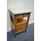 A LOUIS XVI STYLE WALNUT BEDSIDE CABINET, with a marble top, brass mounts and a single cupboard