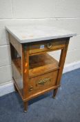 A LOUIS XVI STYLE WALNUT BEDSIDE CABINET, with a marble top, brass mounts and a single cupboard