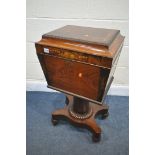 A VICTORIAN FLAME MAHOGANY AND MARQUETRY INLAID TEAPOY, with a shaped lid that's enclosing