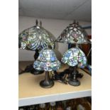 FOUR MODERN TABLE LAMPS, with leaded shades decorated with floral motifs, tallest 56cm (4) (