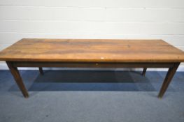 A LONG ELM PLANK TOP REFECTORY TABLE, constructed from an antique timbers, with a plank top, on a