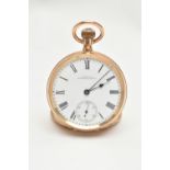 A YELLOW METAL OPEN FACE 'WALTHAM' POCKET WATCH, manual wind, round white dial signed 'A.W.W.Co