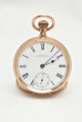 A YELLOW METAL OPEN FACE 'WALTHAM' POCKET WATCH, manual wind, round white dial signed 'A.W.W.Co