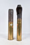 TWO 18 POUNDER SHELL CASES, the first has a series of numbers and letters on the base to include