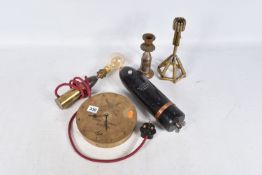 FIVE ASSORTED TRENCH ART PIECES, to include two candlesticks, clock and two lamps, the