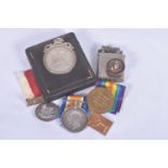 A WWI BLACK WATCH PAIR OF MEDALS, SILVER WAR BADGE AND A BOXED SCHOOL ATTENDANCE MEDAL, the medals