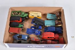 A QUANTITY OF PRE WAR AND EARLY POSTWAR DINKY TOYS VEHICLES, all in playworn condition, many are