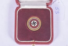 A WWII ERA THIRD REICH NAZI GERMANY NSDAP GOLD PARTY BADGE, the badge has the issue number on the