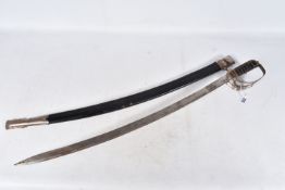 A TWENTIETH CENTURY CURVED SWORD AND SCABBARD, THE BLADE IS etched and decorated but there is no
