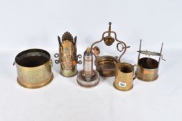 SIX VARIOUS INTERESTING PIECES OF TRENCH ART, these include a 1938 dated wishing well and bucket,