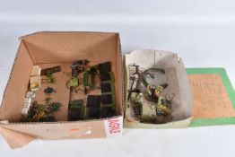 A QUANTITY OF BRITAINS MINIATURE GARDEN ITEMS, to include Lawnmower, Roller, Wheelbarrow, Pond,