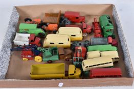 A TRAY OF UNBOXED AND PLAYWORN DIE-CAST DINKY MODEL VEHICLES, contains a number of repainted