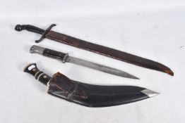 THREE TWENTIETH CENTURY BAYONETS / KNIVES, to include a Mauser, Kukri and a machete type knife,