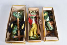THREE BOXED PELHAM PUPPETS, Mother Dragon, Baby Dragon and Frog, all appear complete and in fairly