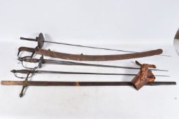 FIVE VARIOUS SWORDS FROM VARIOUS ERAS TO INCLUDE A CURVED BLADED SWORD, no markings, rusty