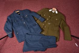 TWO MILITARY NUMBER 2 DRESS UNIFORMS, to include a blue RAF one with VR collar titles, RAF brass