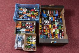 FOUR TRAYS OF UNBOXED PLAYWORN DIECAST HOT WHEELS MODEL VEHICLES, ranging from cars, trucks, heavy