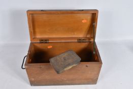 A 1914 PRINCESS MARY TIN AND A WOODEN BOX, the box has carrying handles on each side with hook and