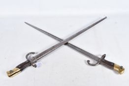 TWO FRENCH NINETEENTH CENTURY CHASSEPOT BAYONETS, the first blade is clearly dated 1876 and the