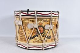 A LARGE NORTH STAFFORDSHIRE REGIMENT DRUM, the drum is from the twentieth century and features a