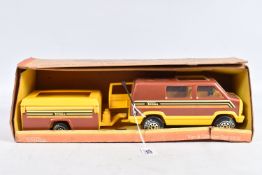 A BOXED TONKA VAN & CAMPER SET / 2002, featuring a bronze coloured van and trailer with yellow