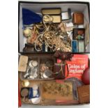 TWO BOXES OF MAINLY COSTUME JEWELLERY AND COINS, to include a small carved amber panel, a semi-