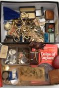 TWO BOXES OF MAINLY COSTUME JEWELLERY AND COINS, to include a small carved amber panel, a semi-