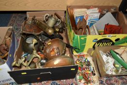 FOUR BOXES OF METALWARE, TREEN AND SUNDRIES, to include a box of wooden lead working tools including