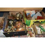 FOUR BOXES OF METALWARE, TREEN AND SUNDRIES, to include a box of wooden lead working tools including