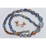 A MILLEFIORI BEAD NECKLACE AND A PAIR OF CUFFLINKS, graduated oval colourful beads, largest