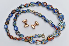 A MILLEFIORI BEAD NECKLACE AND A PAIR OF CUFFLINKS, graduated oval colourful beads, largest