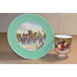 A ROYAL WORCESTER PLATE PRINTED AND TINTED WITH VIEW OF GLOUCESTER CATHEDRAL FROM THE RIVER, green