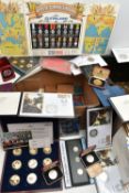 PLASTIC AND CARDBOARD BOXES OF COINS AND COMMEMORATIVES, to include BU and Proof UK year sets,