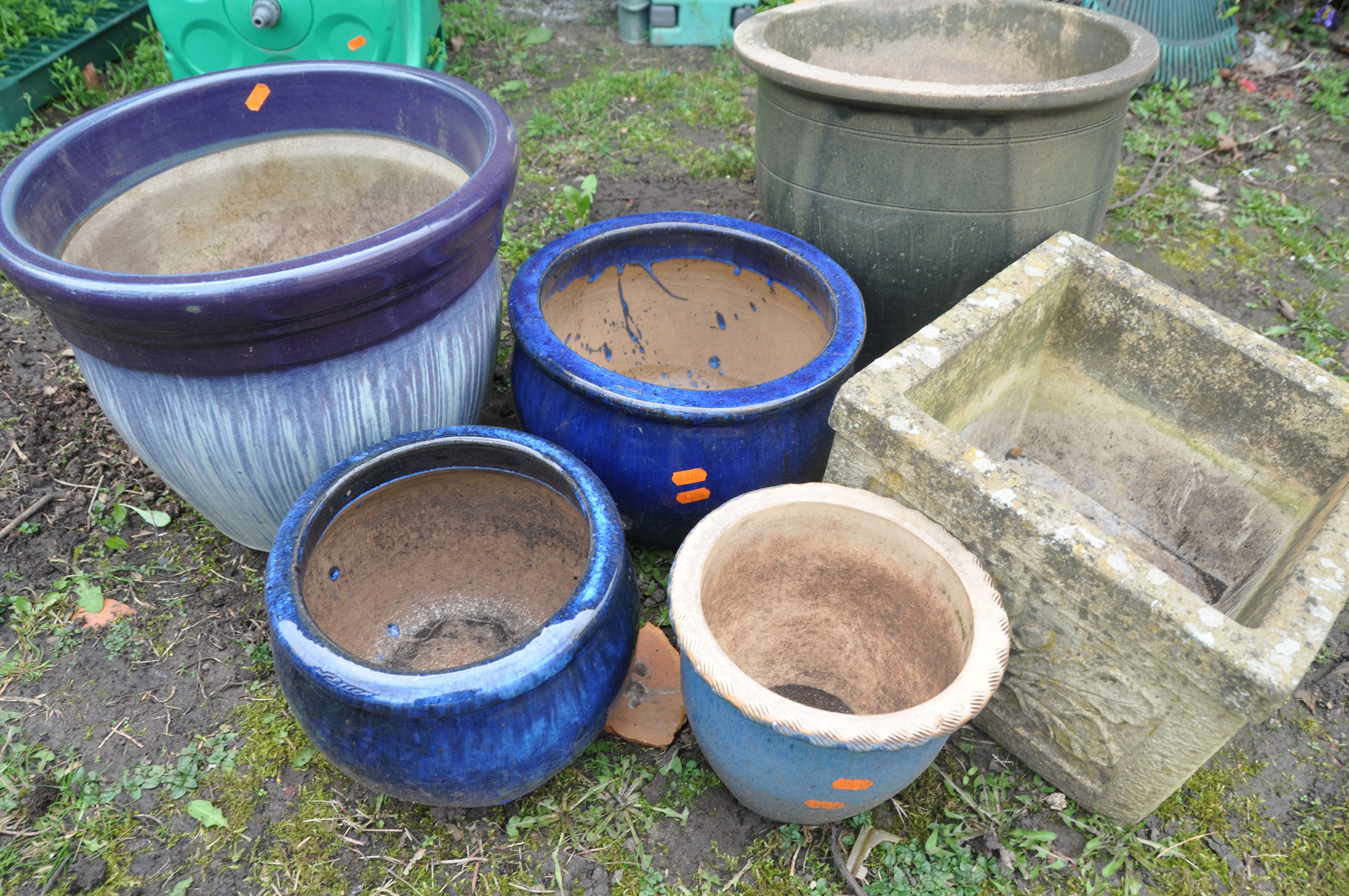 A SELECTION OF PLANT POTS to include five circular glazed pots all diferent sizes along with a - Image 2 of 2